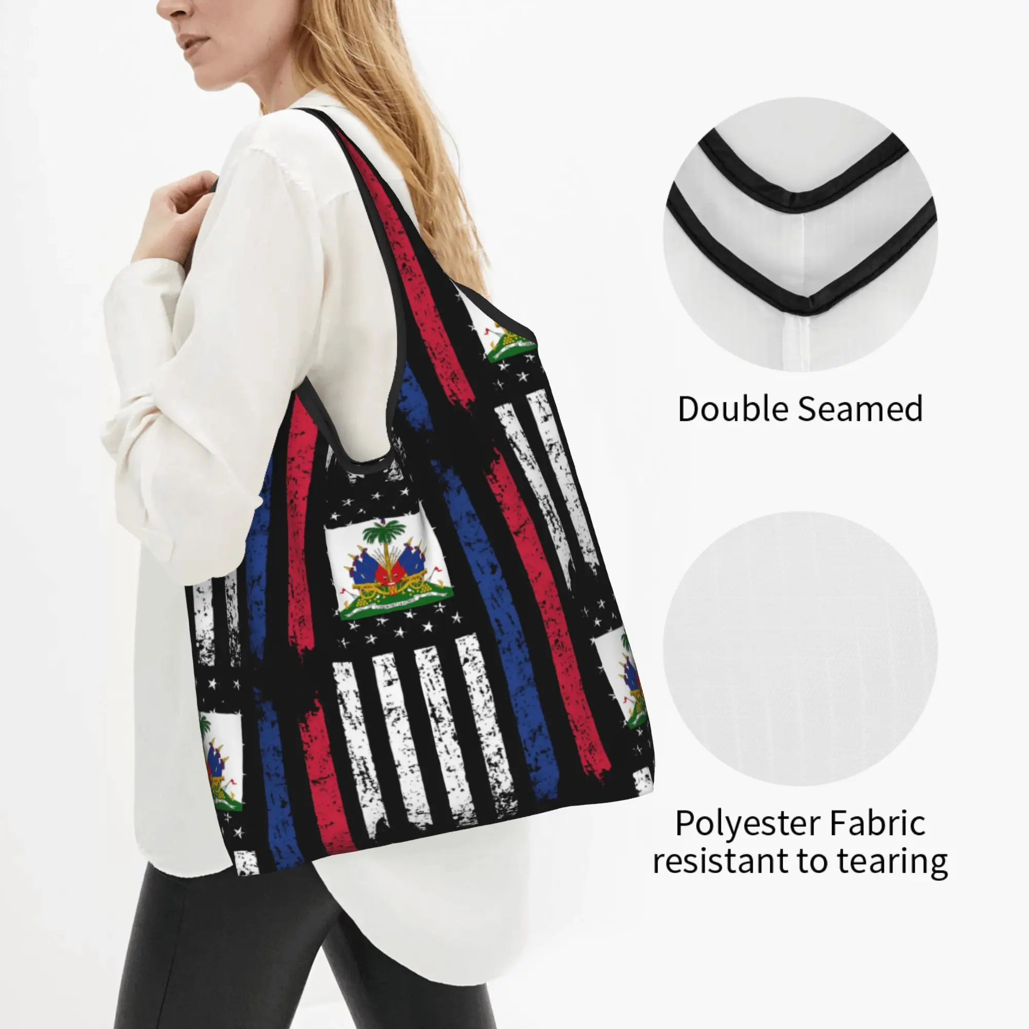 Funny Half Haitian Half American Flag Haiti Shopping Tote Bags Portable Patriotic Groceries Shoulder Shopper Bag
