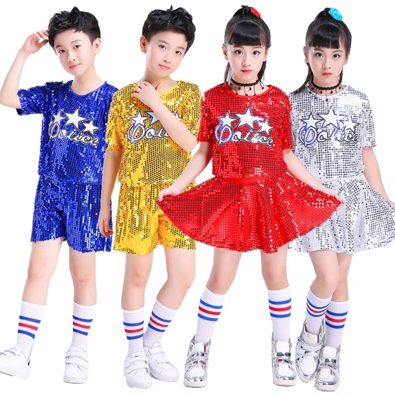 New Child Stage Jazz Dance Costumi da cheerleader moderni Hip Hop Boy Girls Crop Top e pantaloni Paillettes Jazz Dance Performance Set