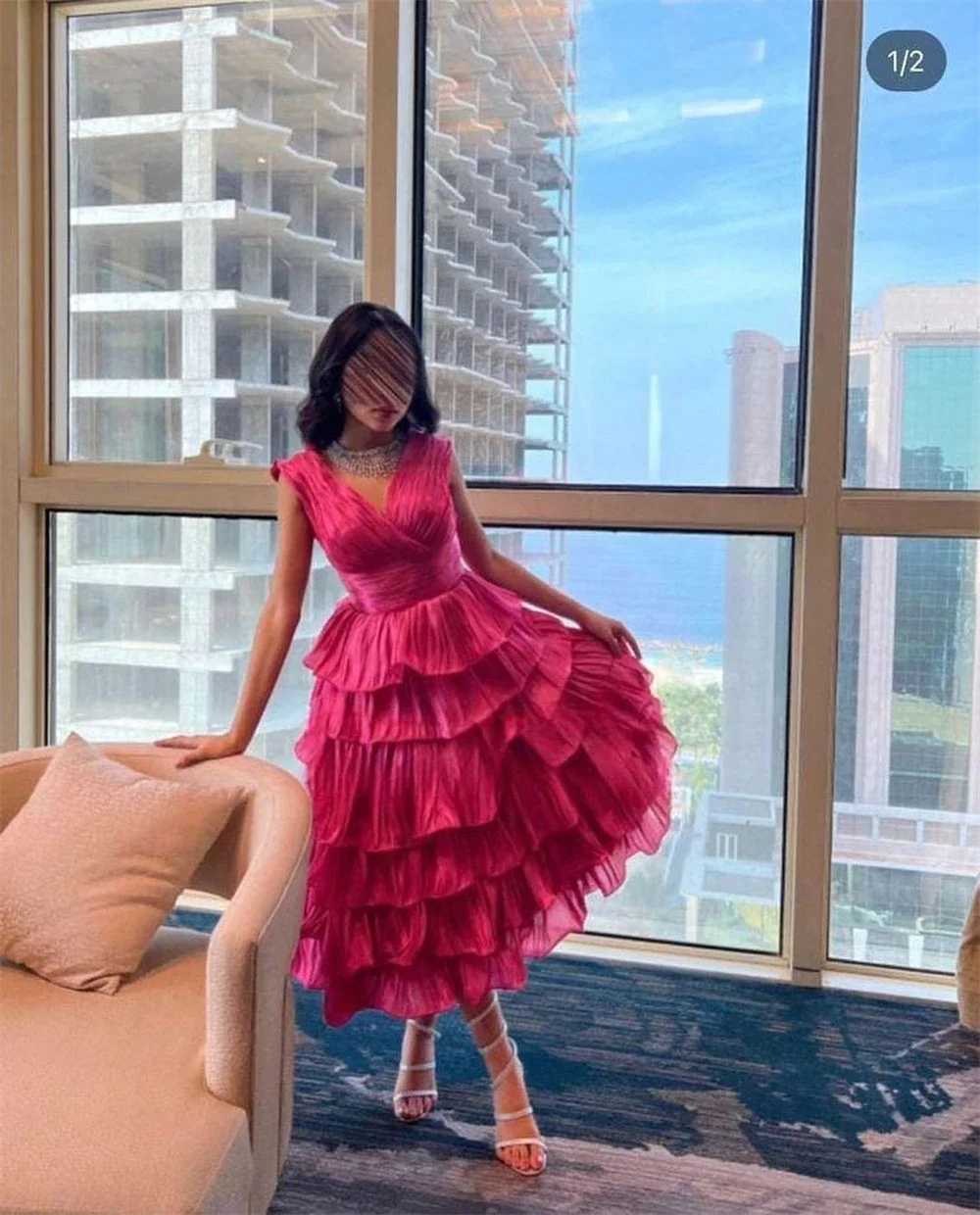 Customized  Fashion V-neck Ball Gown Quinceanera Layered  Flowers Chiffon Occasion Evening   vestidos de graduación image 3
