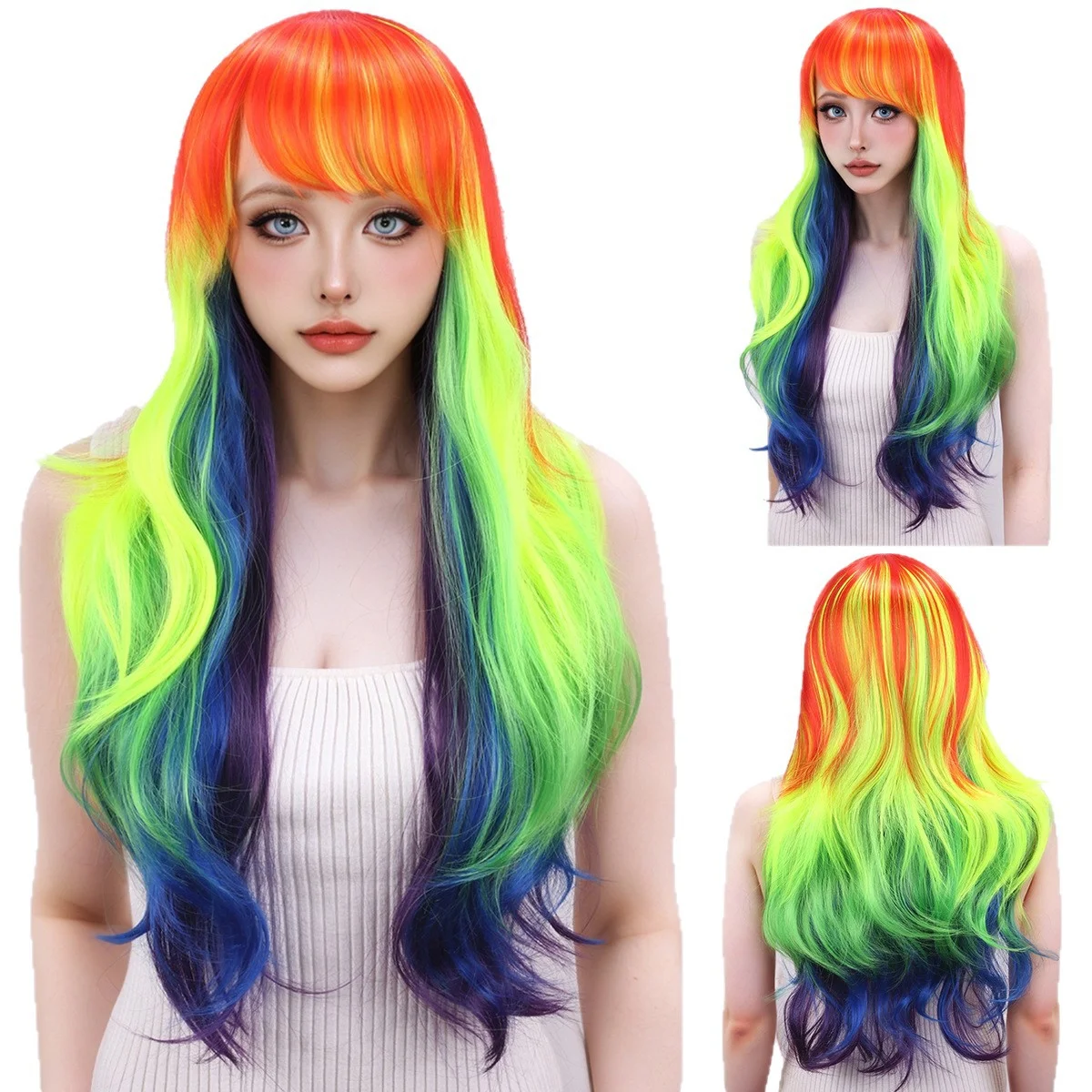 

Rainbow Dash Cosplay Wigs 65cm Long Wavy Rainbow Synthetic Hair Wig for Halloween Party Play Role