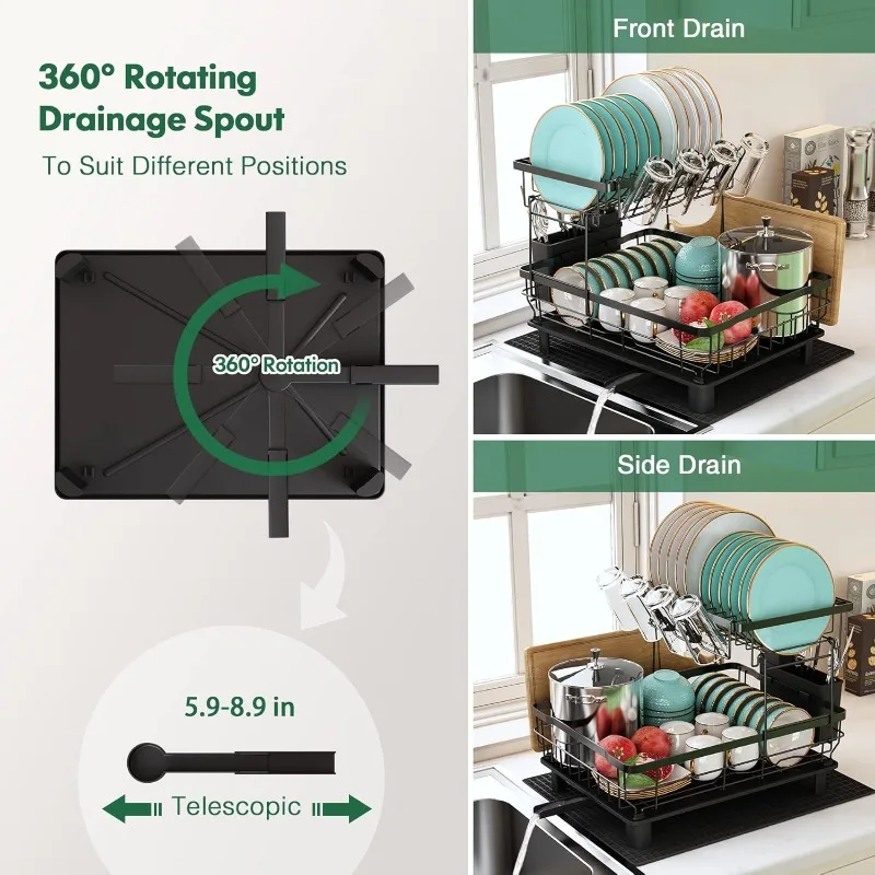 Dish Drying Rack for Kitchen Counter, 2 Tier Dish Racks with Drainboard Set, Detachable Large Dish Drainer with Utensils Holder