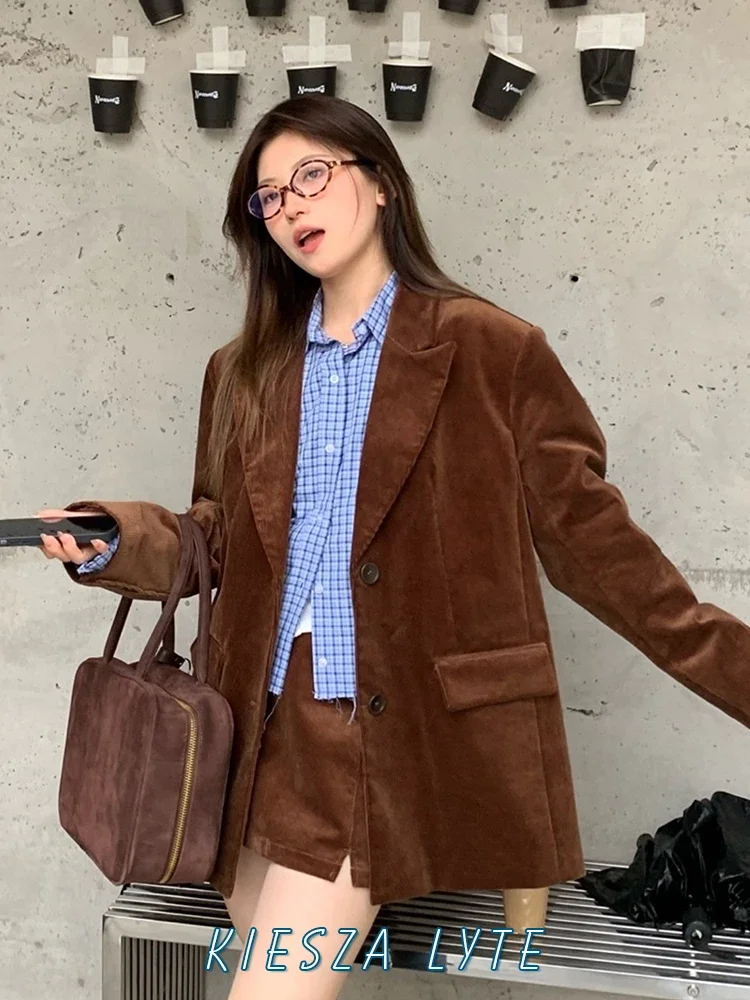 Kiesza lyte 2024 Fashion Street  Autumn Corduroy Blazers Women Jacket High quality Vintage Brown Loose Suit Coat blazer woman