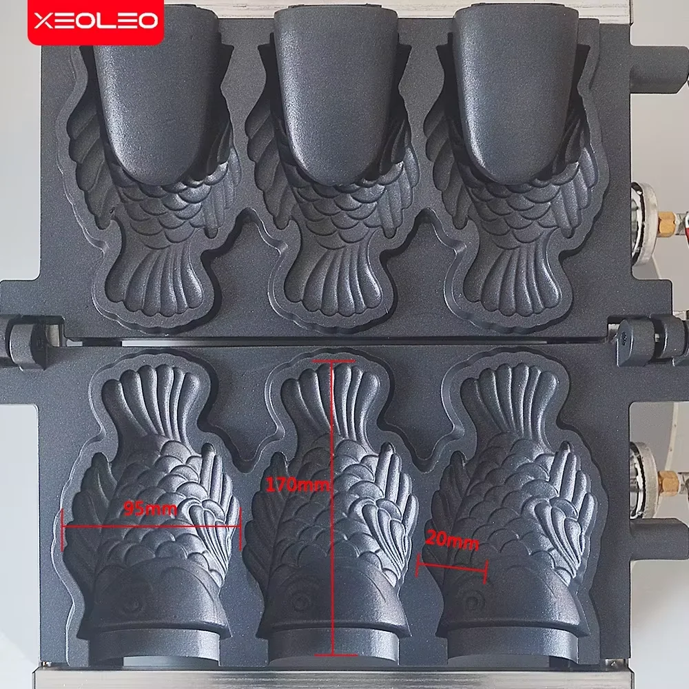 XEOLEO Ice cream Taiyaki machine Electric Waffle maker Open mouth Fish shaped cake maker 3pcs Non-stick pan Snack equipment