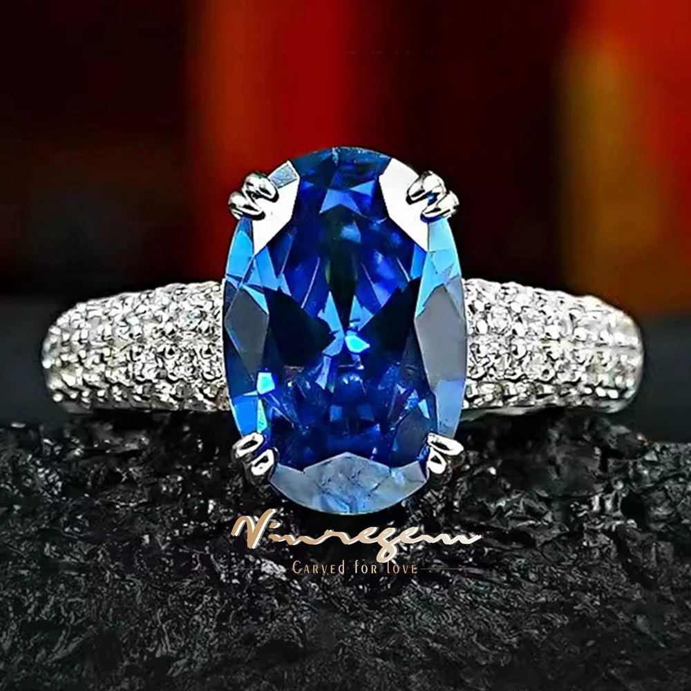 Vinregem 8*12MM Oval Cut Sapphire High Carbon Diamond Gemstone Classic 925 Sterling Silver Wedding Engagement Fine Jewelry Rings