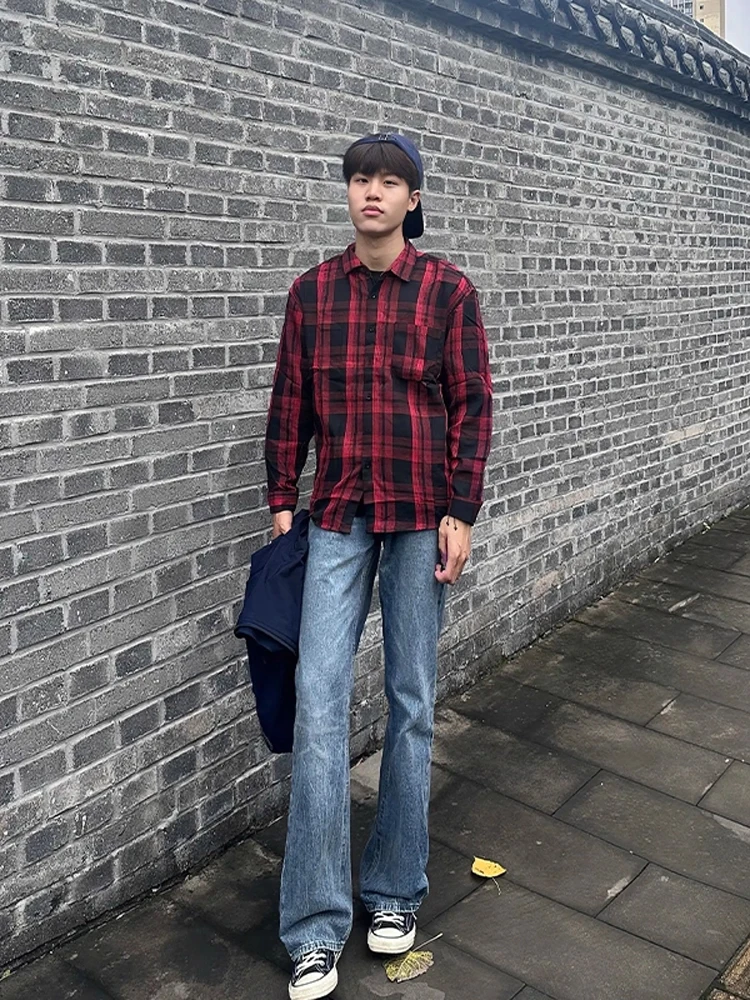 

Vintage Plaid Long Sve irt Men's Loose Casual Outerwear Autumn Faion Brand Polyester Cotton Viscose Blend Stand Fit