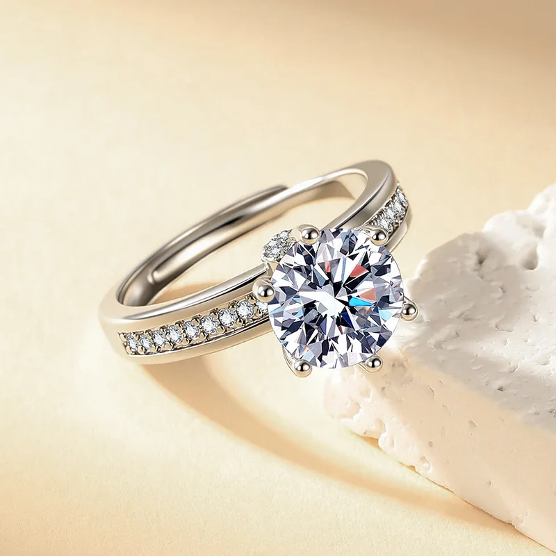 Elegant Bridal Round Cut Zirconia Open Ring Pavé Side Crystal Stone Silver Plated Ring for Women Anniversary Date Jewelry Gift