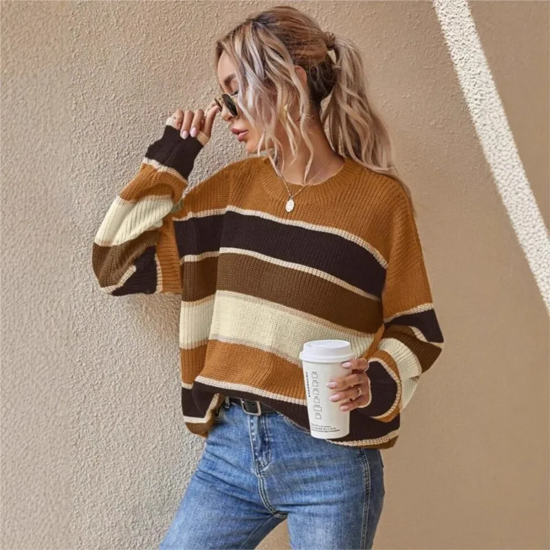 خمر Harajuku سترة فضفاضة المرأة الخريف الشتاء س الرقبة المتضخم بلوفر مغزول عادية ضرب اللون مخطط القمم الشارع الشهير