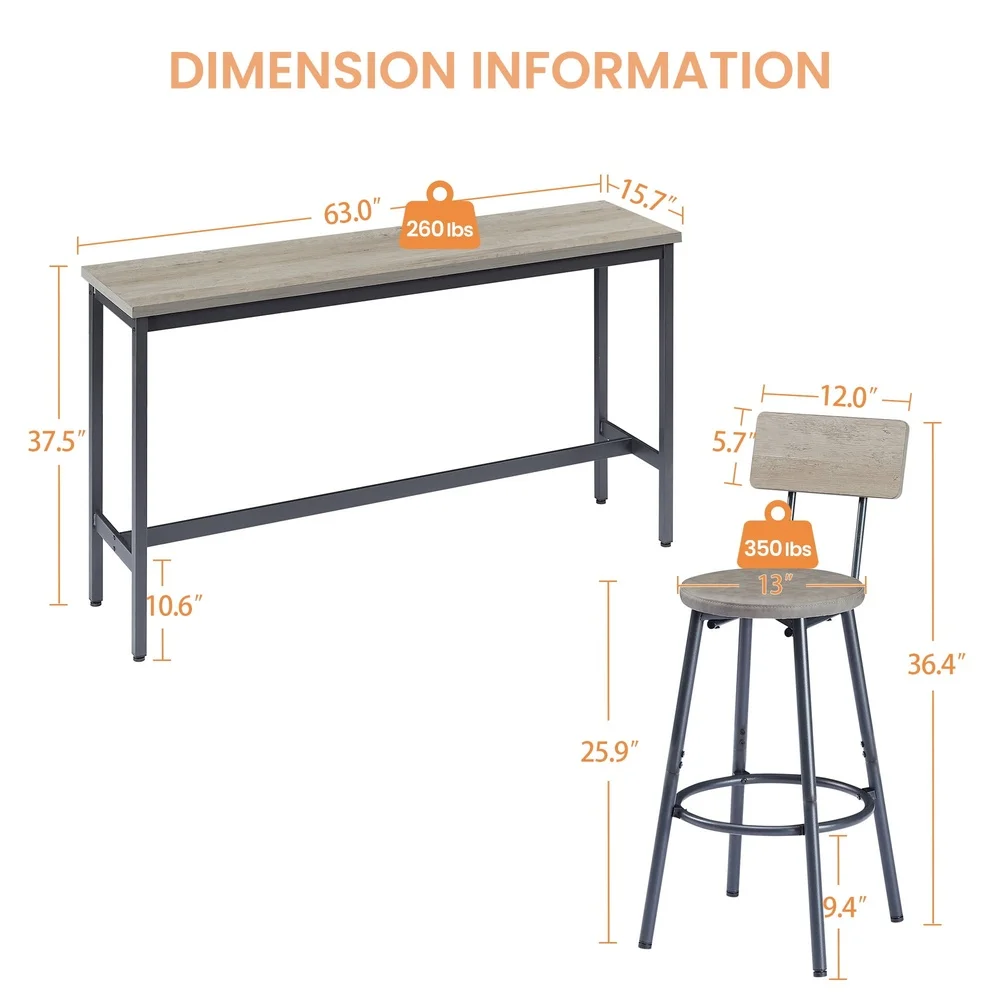 Long Bar Table Set with 3 Comfortable PU Stools Modern Kitchen Dining Rustic Industrial Furniture