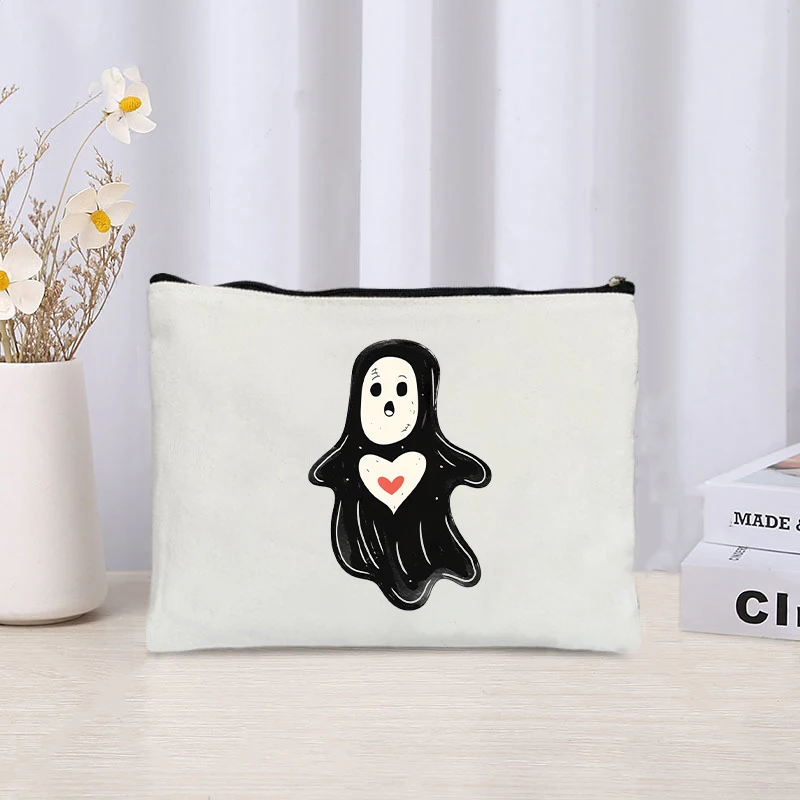 Cartoon Ghost with Red Heart Floating Printed Canvas Bag Organizer Zipper Storage Pouch Cosmetic Bag Pencil Case Halloween Gift