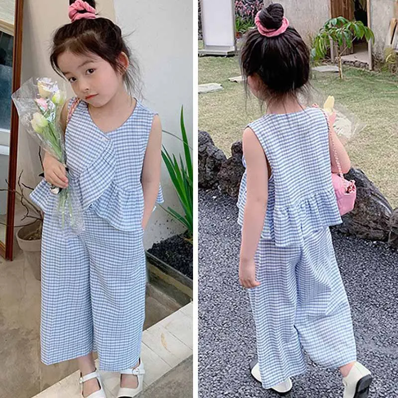 Girls' Summer Suits Fashionable Plaid Sleeveless Top+Trousers2Set Children One Piece Dropshipping