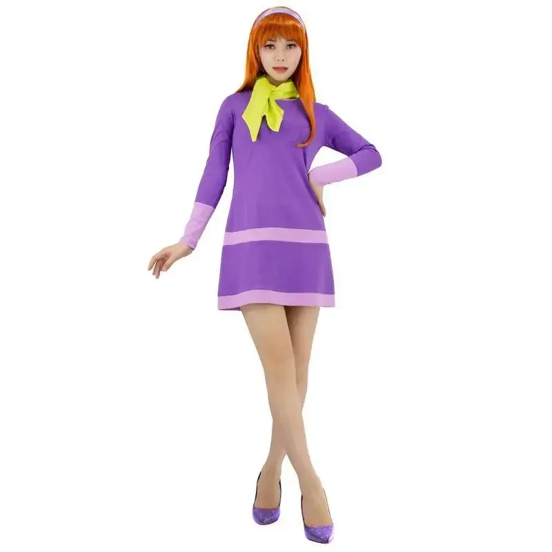 WENAM Daphne Purple Dress Cosplay Outfits with Green Scarf and Headband Anime Costume Halloween Comfy Cotton Stretch Dress