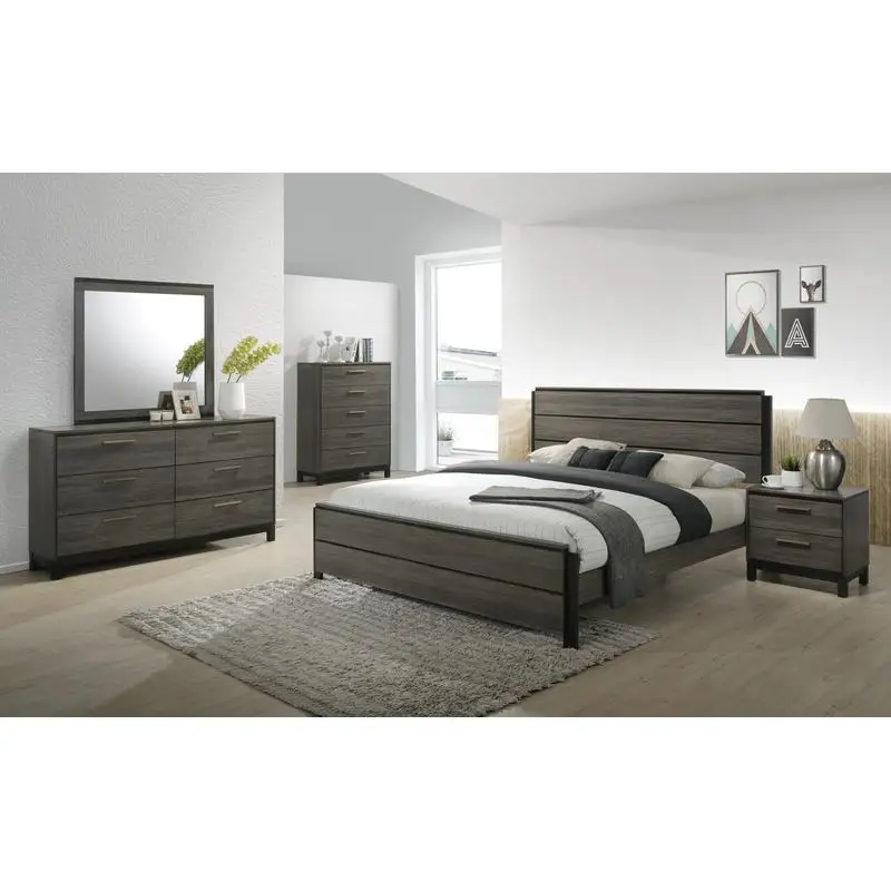 

King Size Wood Bedroom Set with Antique Grey Finish: Bed, Dresser, Mirror, Nightstand, Chest