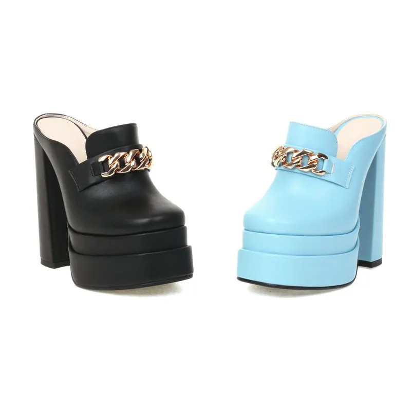 Closed Toe Sky Light Blue Womans Shoes Summer Slippers With Metal Chain Rectangle Block High Heels Mules Slides Platform Sandals