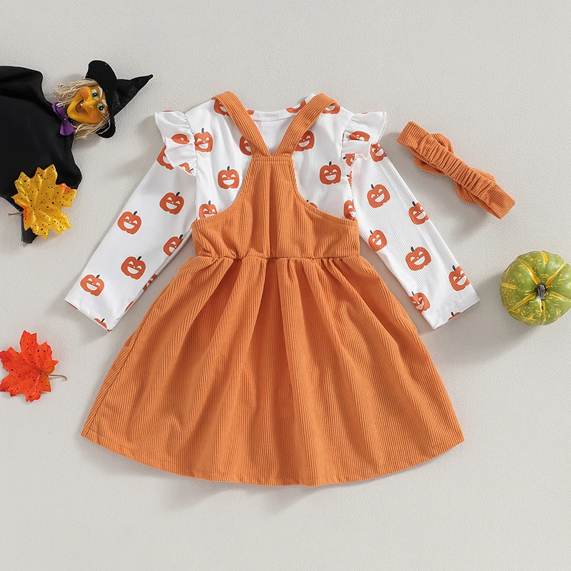 Infant Girls Halloween Costume Set with Pumpkin Romper Suspender Skirt and Headband - Adorable Newborn Outfit for Fall