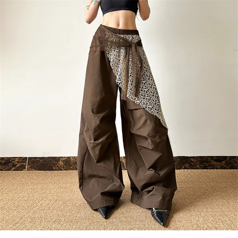 

Street Style Hip Pop Dance Long Cargo Pants Coffee Lace Patchwork High Waist Wide-leg Casual Pants Y2k Girl Loose Flat Trousers