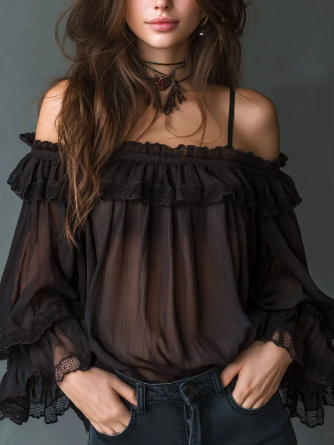 

Black Sheer Lace Ruffle Off Shoulder Blouse, Loose Bishop Flare Long Sleeve, Dark Boho Sheer Chiffon Top