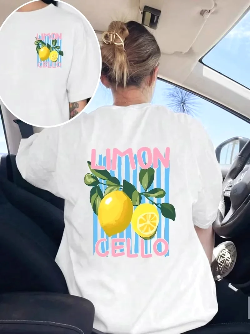 Dolce Vita Zitronen-Grafik-T-Shirt für Damen, Vorder- und Rückseite mit italienischem Sommer-Print, O-Ausschnitt, kurze Ärmel, alltagstauglich, günstige Kleidung – Detail 6