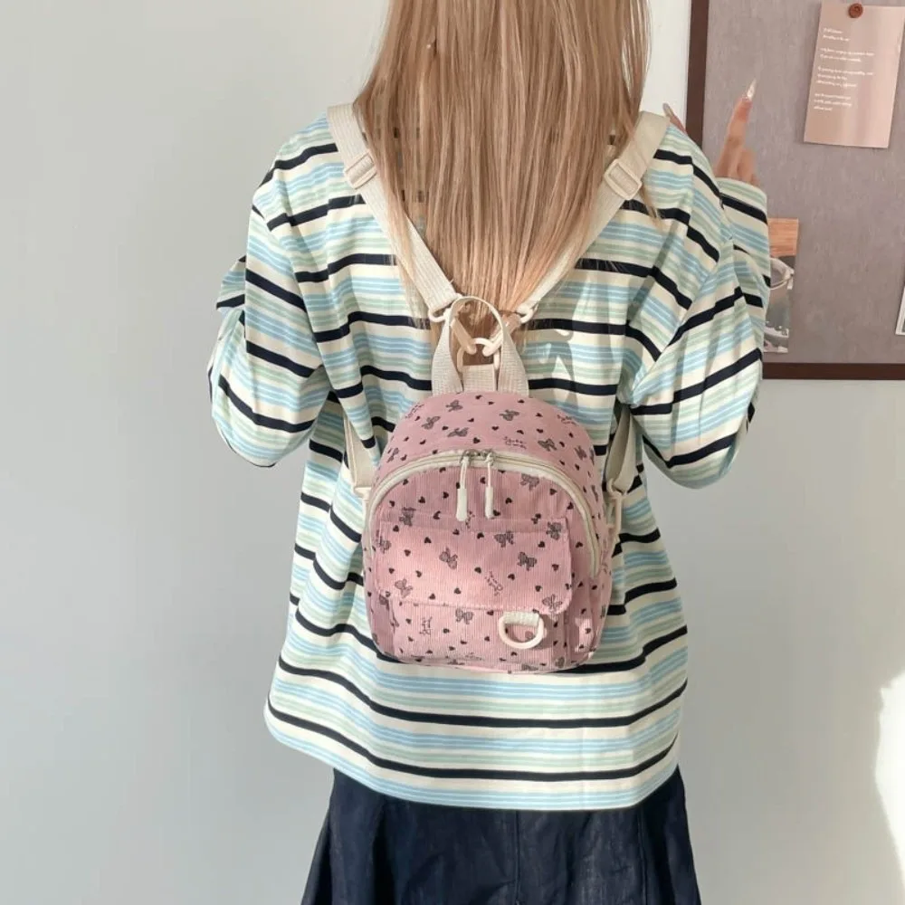 Sweet Corduroy Mini Backpack Heart Bow Print Multi-compartment Shoulder Bag Zippered Opening Lightweight Casual Backpack