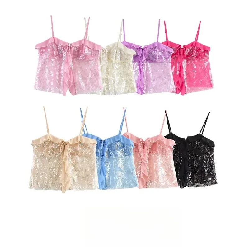 

Pink Thai Beach Unique And Beautiful Sequins Camis Pure Desire Style Sexy Small Tank Top For Women's Summer