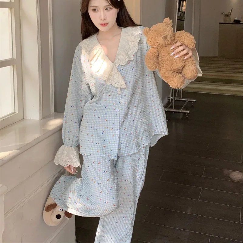 Lace Sleepwear Women Pajama Sets Piiama Autumn Pants Sets 2 Pieces Plaid Floral Flare Long Sleeve Night Wears V-neck Home Suit