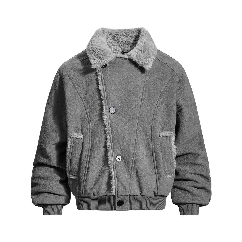 

Winter Thiened Warm Cotton Jaet Men's Trendy Brand Loose Diagonal Bule Design Collar Fake Fur Coat Outerwear