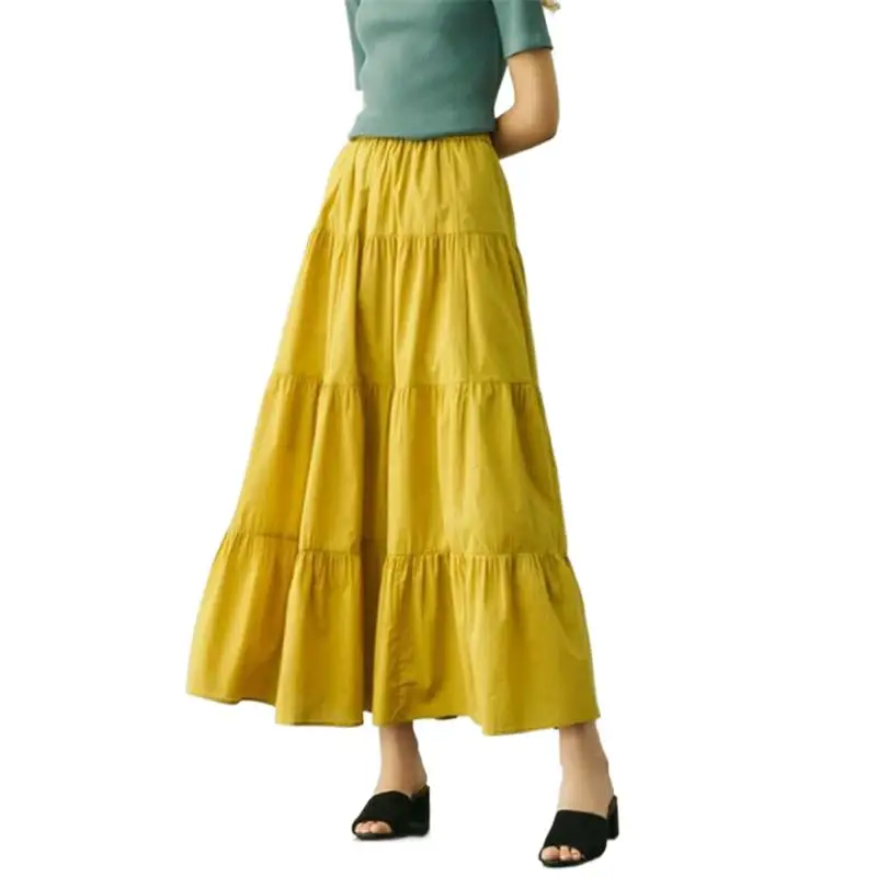 

2024 Fashion Women Long Skirts Solid Ruffles Casual Loose A-Linen Skirts Vintage Beach Holiday Skirts faldas largas