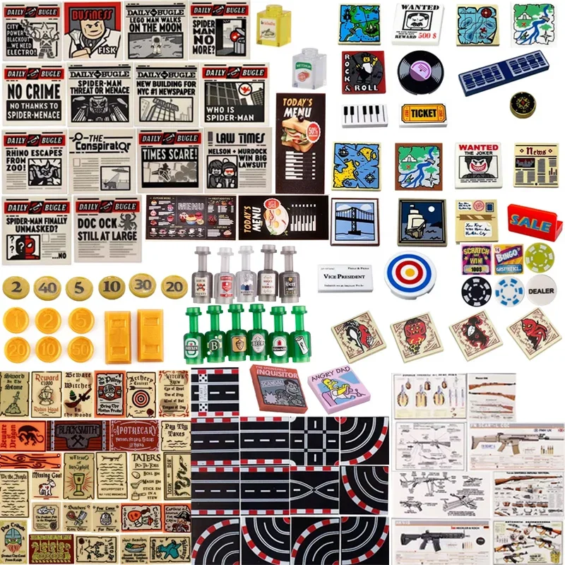 MOC 도시 미니 인쇄 빌딩 블록 스트리트 뷰 뉴스 신문지도 풍경 액세서리 할로윈 보물 동전 세트 벽돌 장난감
