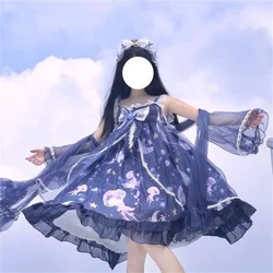 Deep Sea Jellyfish Blue Vestidos Sweet Princess Lolita Dress Kawaii Girls Victoria Lace Ruffle Big Bowknot Cosplay Lolita Jsk