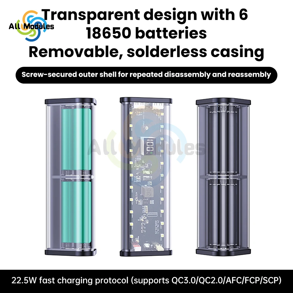 شفافة قذيفة 6-خلية 18650 علبة البطارية 22.5 واط شحن سريع قوة البنك حالة لا لحام عدة صندوق تخزين البطارية