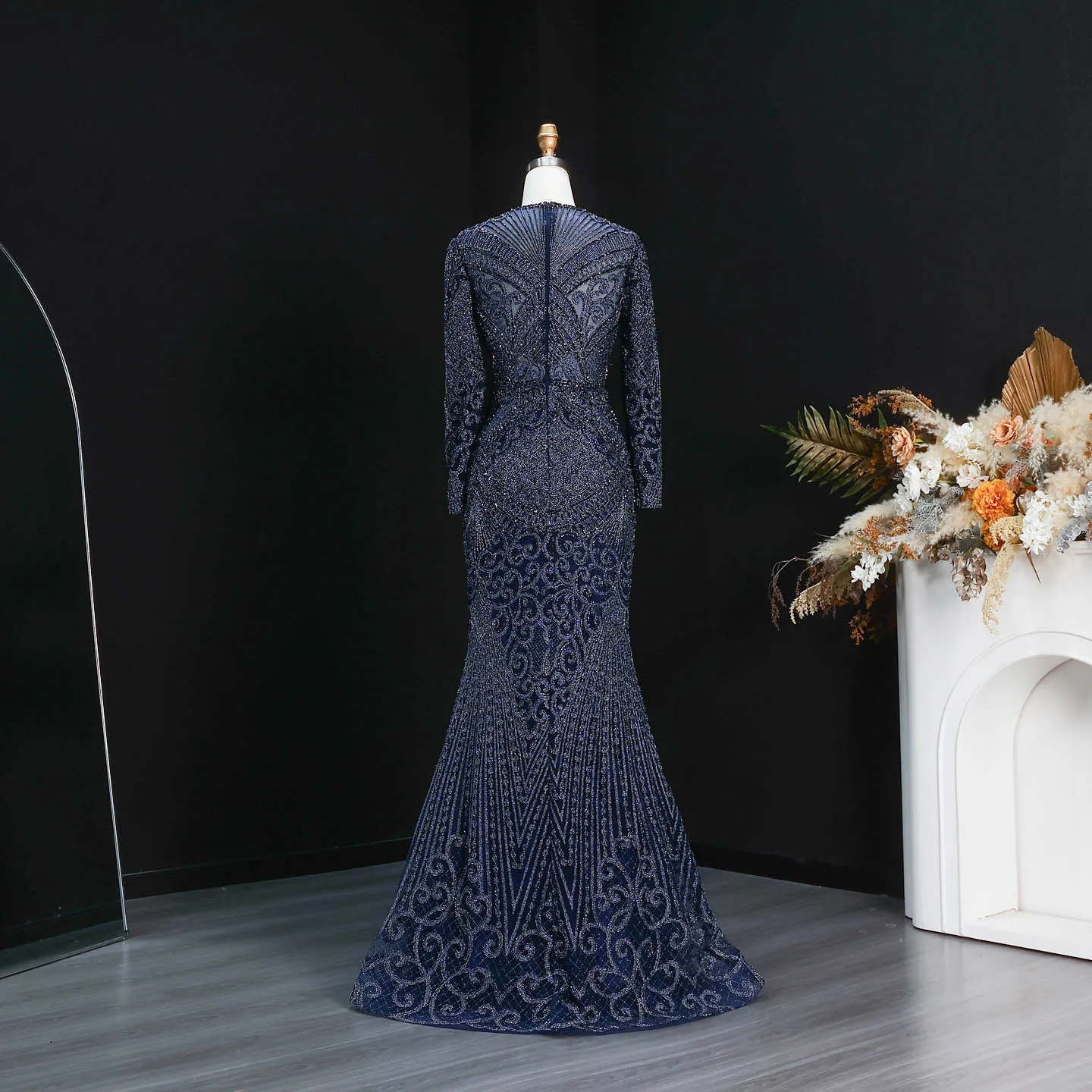 Sharon Said Dubai Übergröße Schwarzes Langarm-Paillettenkleid mit Perlen, Meerjungfrauen-Abendkleid, Saudi-Arabisches Damen-Ballkleid SS056 Maßanfertigung – Detail 16