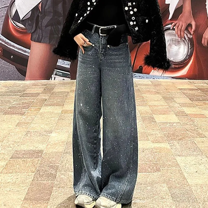 Large-sized Heavy-duty Diamond Embossed Wide-leg Jeans Women, New Spring Summer High-waisted Starry Sky Straight-leg Denim Pants
