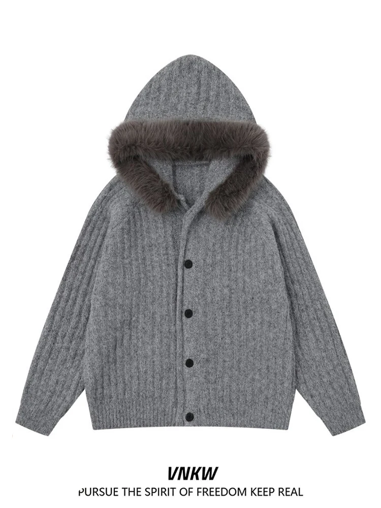 

Утепленный вязаный кардиган с капюшоном для мужчин, зимний теплый свитер, модное ретро-пальто в повседневном стиле для пар в холодную погоду