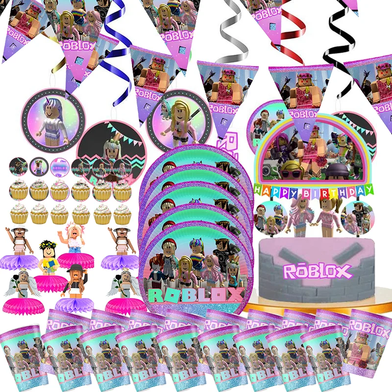 Roblox Girl Decorations for Purple pink Party Banner Birthday Balloons Tablecloths Cake Topper Napkins Tableware Kid Gift Supply