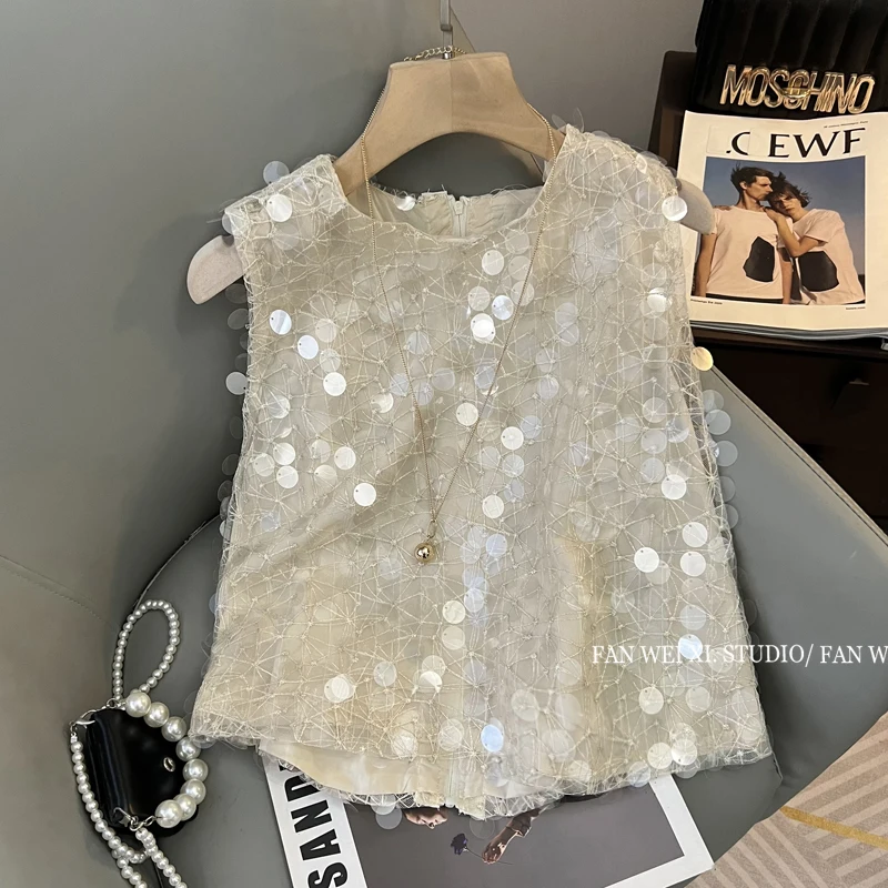 2023 Summer New Fashion French Style Elegant Slim Tank Top Heavy Sequins Short Mesh Round Neck Vest Women's Sleeveless Crop Top