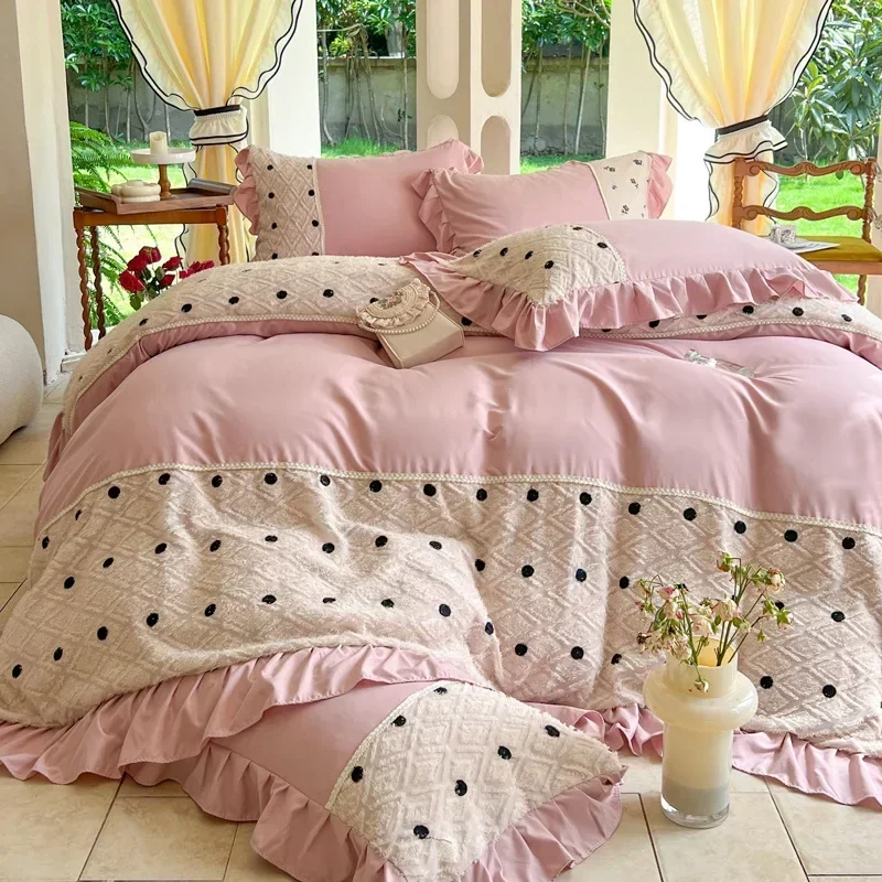 Korean Princess Style Chiffon Bedding Set 100% Cotton Elegant King Size Duvet Cover Set with Sheets Quilt Cover and Pillowcases