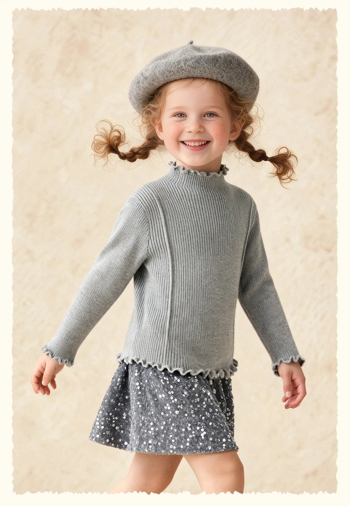 Amila Kids 2026 Winter Mädchen Strickshirt Top Grau Rosa Reisrot Schwarz Rüschen Halbhoher Kragen Weich Nicht hautverletzend – Detail 12