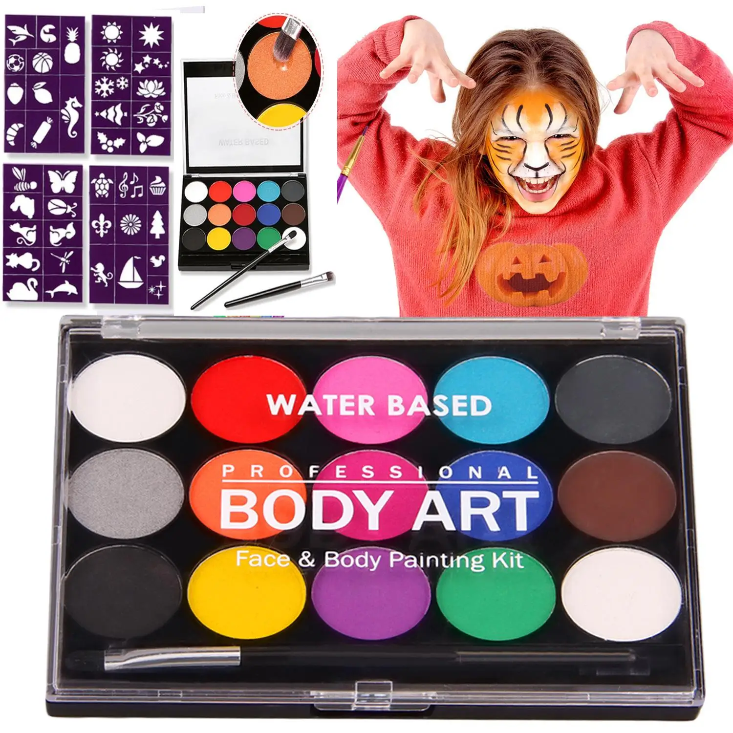 15 PCS Assorted Colors Non Toxic Face Body Paint Oil Flash Tattoo Makeup with Brush for Kids and Adult Festivals Halloween Party