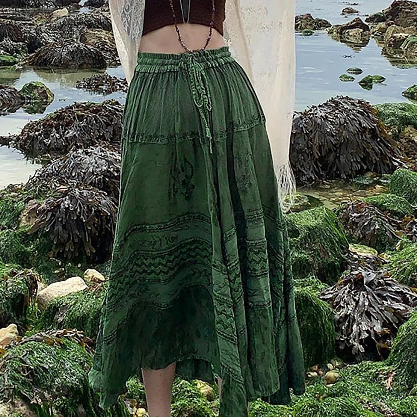 Autumn Vintage Retro Long Skirt Drawstring High Waisted Large Swing A Line Skirt Hip Hop Gothic Korean Y2k Flowy Boho Skirt