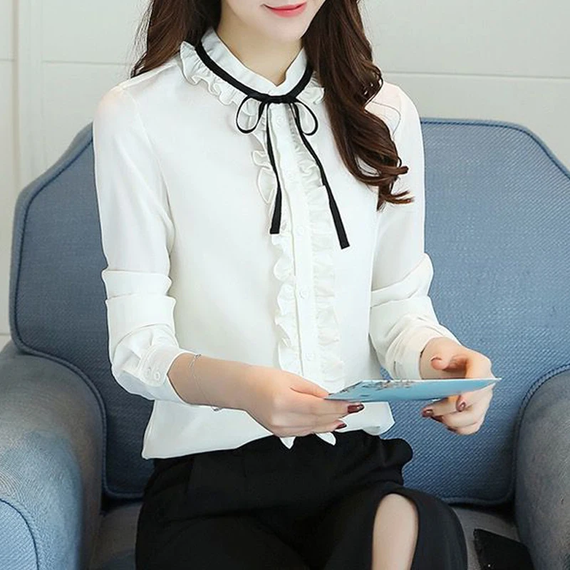 New Women Korean Fashion Ruffle Lace Up Elegant Button Shirt Casual Stand Collar Slim Blouse Solid Long Sleeve Tops Sweet Blusas