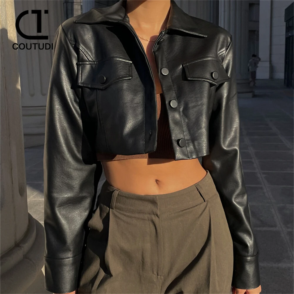 

COUTUDI y2k Pu Faux Leather Short Jacket For Women Casual Vintage Jacket Coats Female Moto Biker Coat Outwear Winter Streetwears