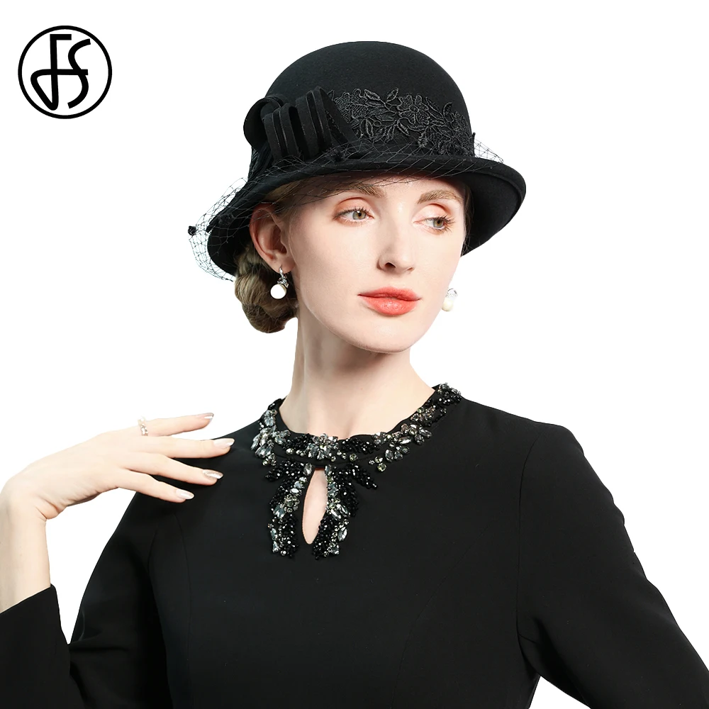 FS Elegant Bowler Hats For Women Winter Wool Felt Fedoras With Veil Lace Flower Church Wedding Formal Dress Cap Female