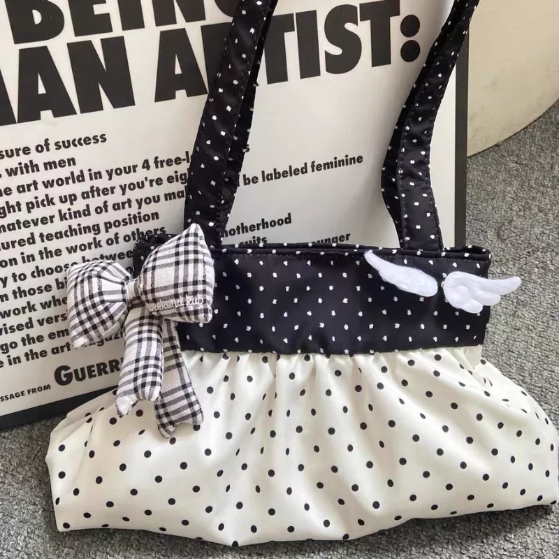 Koreanische Polka Dot Umhängetasche Niedliche Schleife Engelsflügel Design Handtasche Damenmode Pendeln Einkaufstasche Retro Kontrast Einkaufstasche – Detail 8