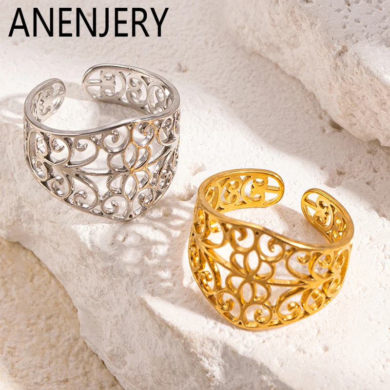 ANENJERY Stainless Steel Hollow Pattern Open Ring for Women Simple Personality Jewelry Gifts Wholesale