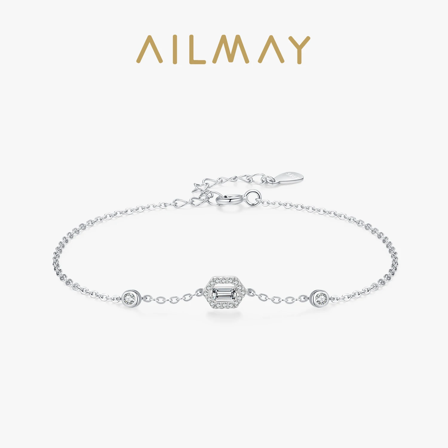 Ailmay 925 Sterling Silver Fashion Geometric Design Dazzling CZ Link Chain Bracelet For Women Girls Party Accessories Jewelry