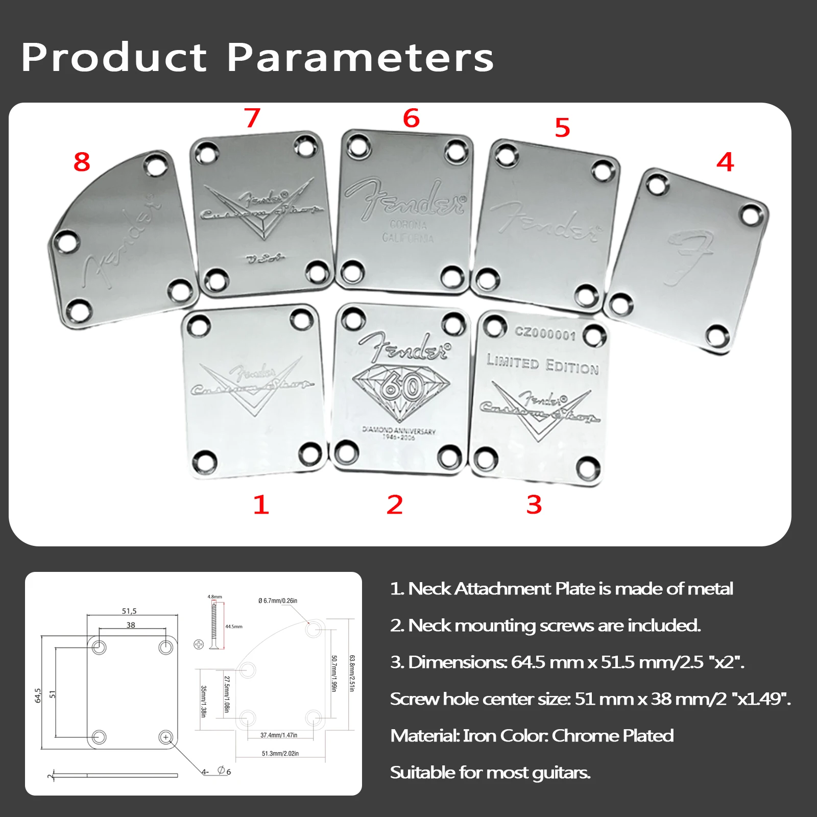 4-Hole Electric Guitar Neck Plate Reinforcement Plate for ST/TL Guite (Chrome w/Screws) Guitar Parts