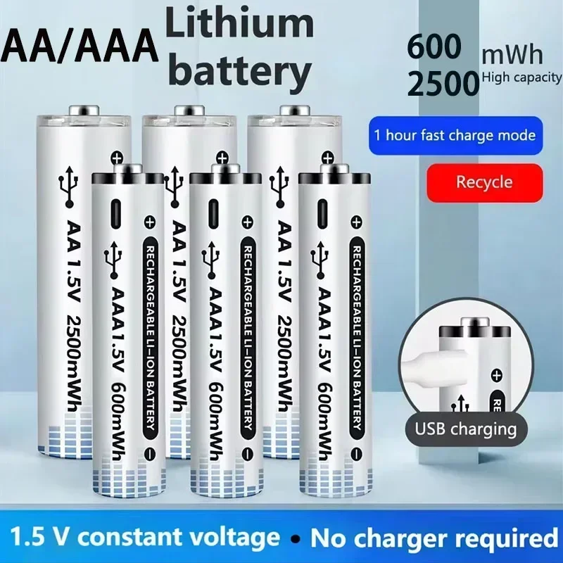 

Lithium Battery AAA/AA for Mic Toy Flashlight Rechargeable with Real 2500mWh 600mWh High Capacity USB-C Direct Fast Charge 1.5V