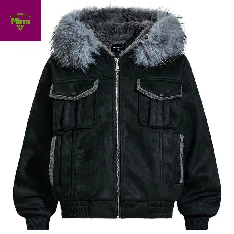 

Vintage Men Winter Jackets Fur Collar Plush Warm Parkas Coats Suede Coats Casual Loose Padded Jackets Outwear