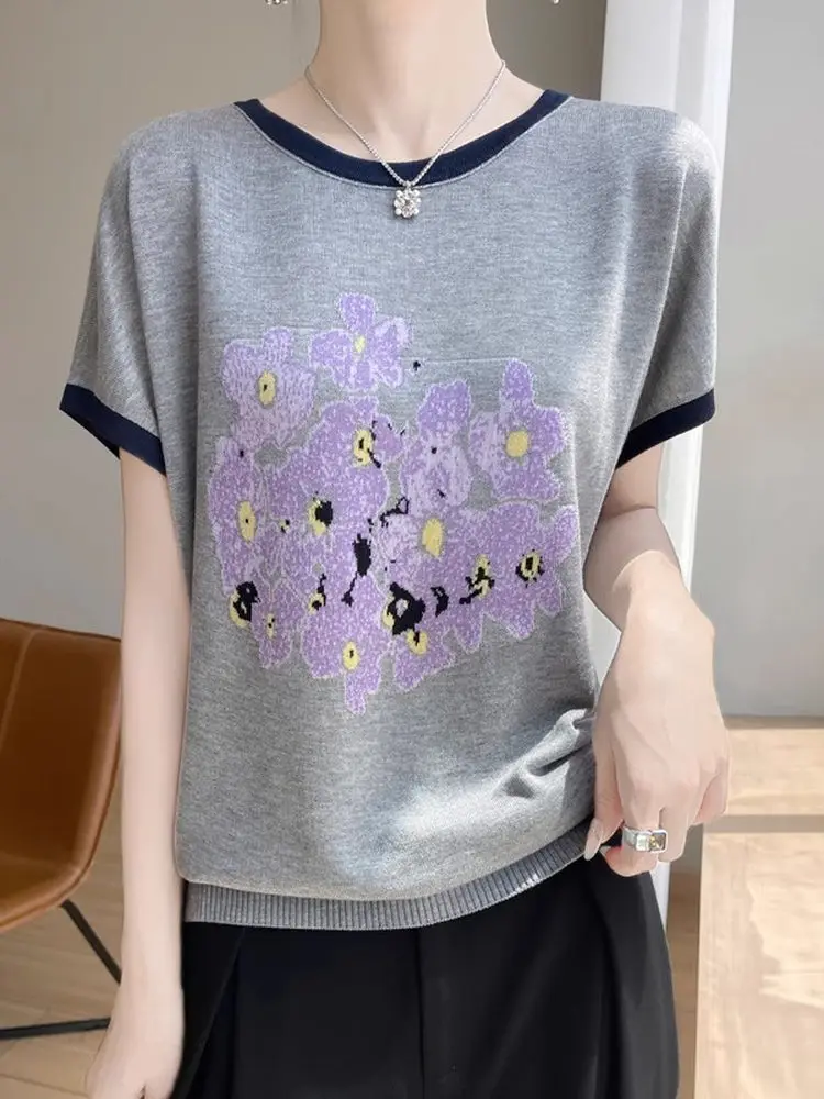 Faionable Mommy Ice Silk Gestricktes T-Shirt Loose Fit ort Sve Bedrucktes lässiges Top Ele Young Sle Sommer atmungsaktiv