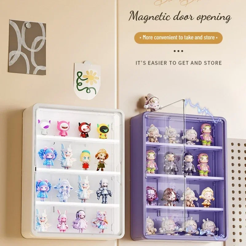 Wall-Mounted Storage Box with Lid for Action Figures Toys Magnetic Suction Display Organizer for Blind Box Dustproof Storage Box