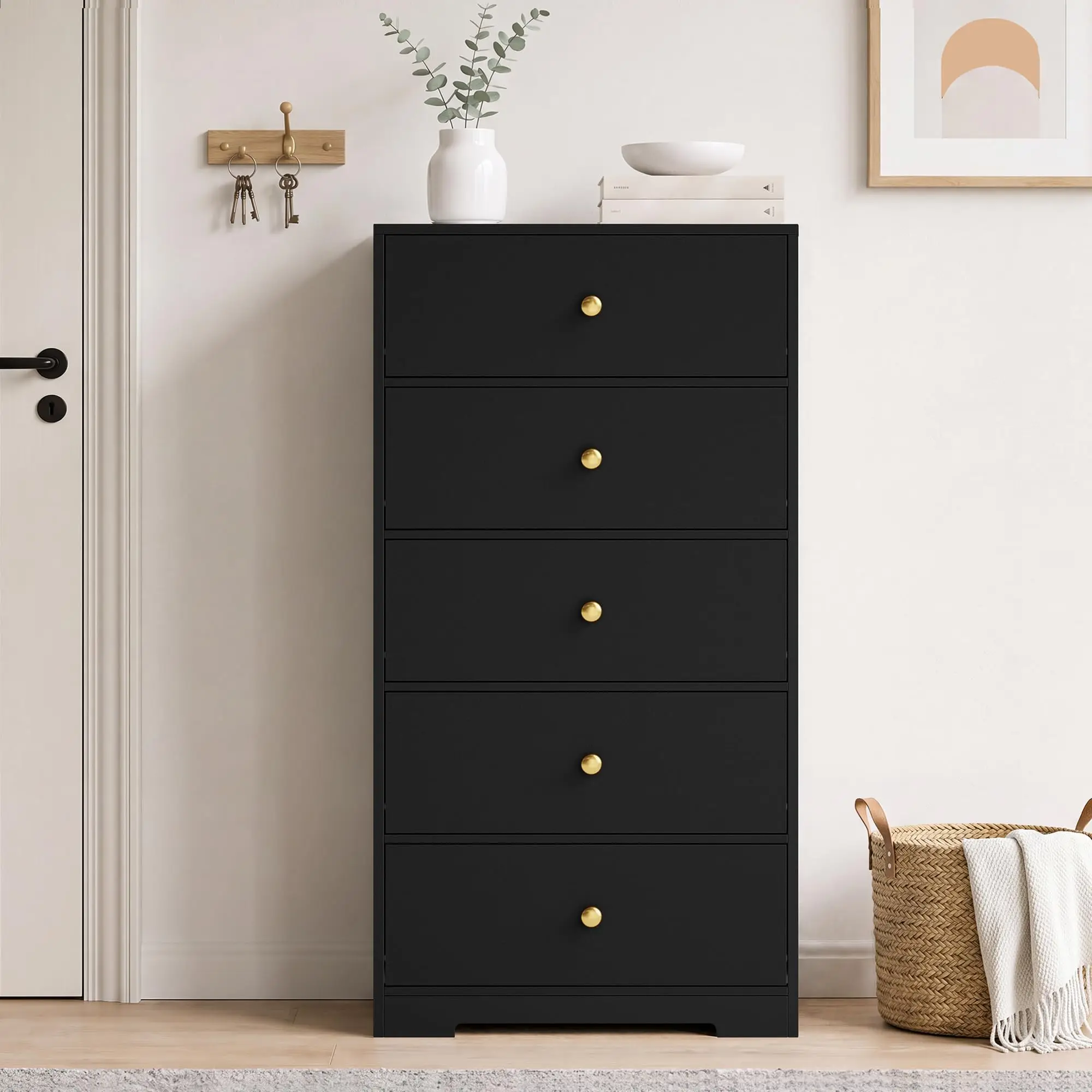5 Drawer Storage Cabinet For Living Room, 45.3in Tall Wood Chest Of Drawers With Gold Handles, Narrow Organizer For Bedroom Entryway